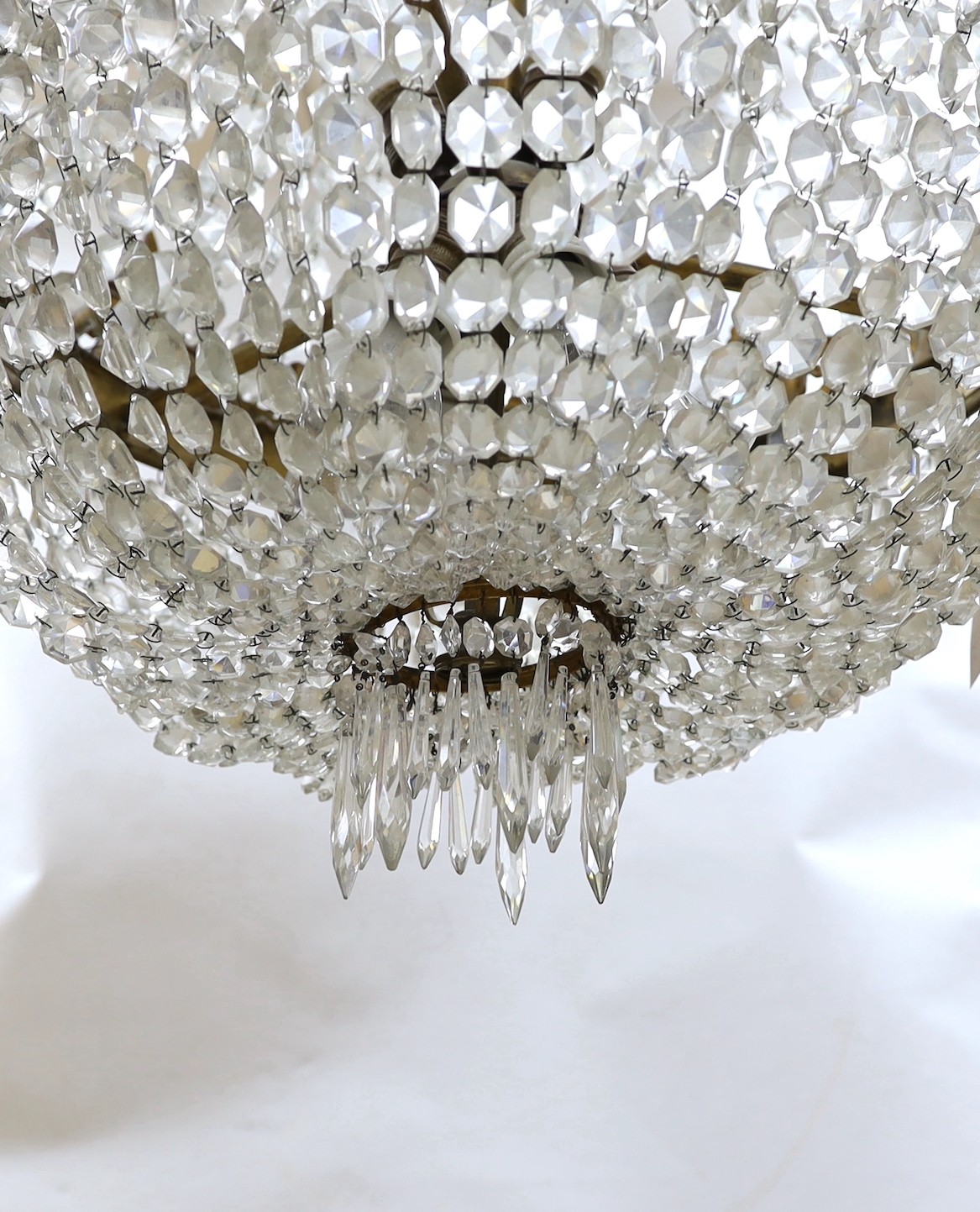 A 20th century guilt metal lustre drop glass bag chandelier